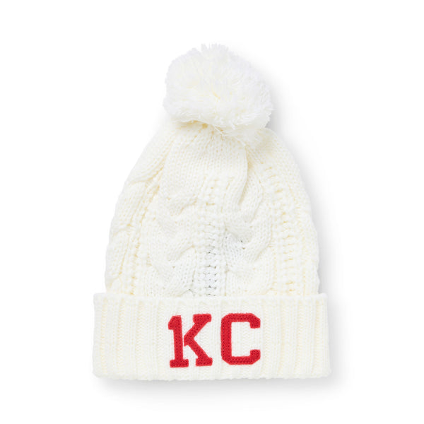 1KC Chunky Twist Pom Beanie - White and Red