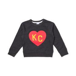Charcoal-Sweatshirt für Kinder von Charlie Hustle mit rotem und gelbem KC-Herz