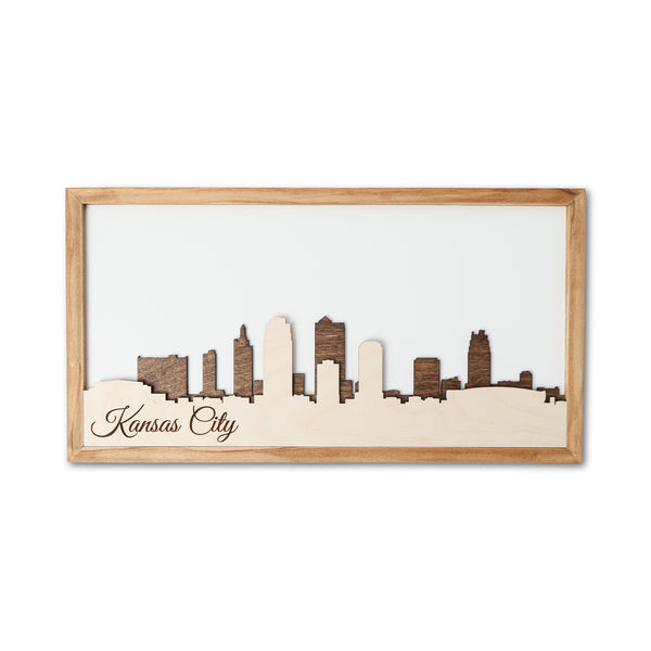 Woodcut Framed Wall Art, Engraved Kansas City Skyline, Fountain City Wood Co.