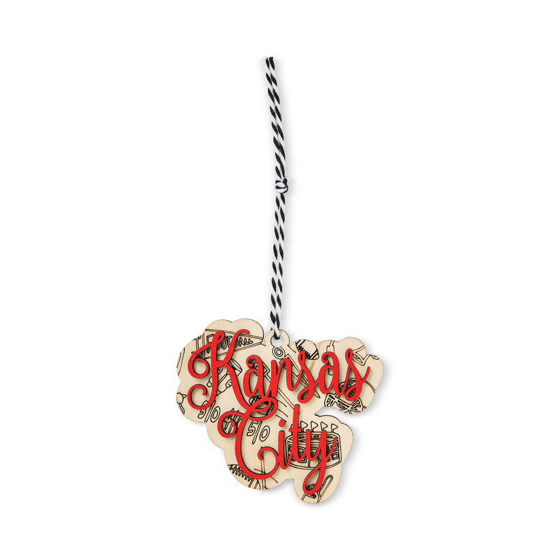 KC Red with Football Icons Ornament, Fountain City Woodshop