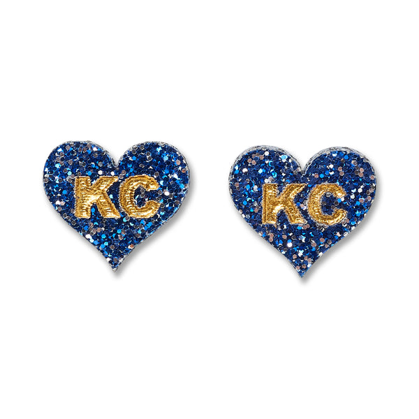 Stellar Game Day Earrings Blue Glitter KC Heart Studs