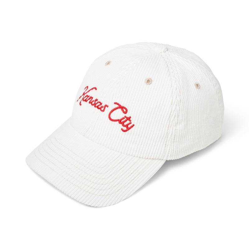 Sandlot Goods Kansas City White Corduroy Red Script Dad Hat