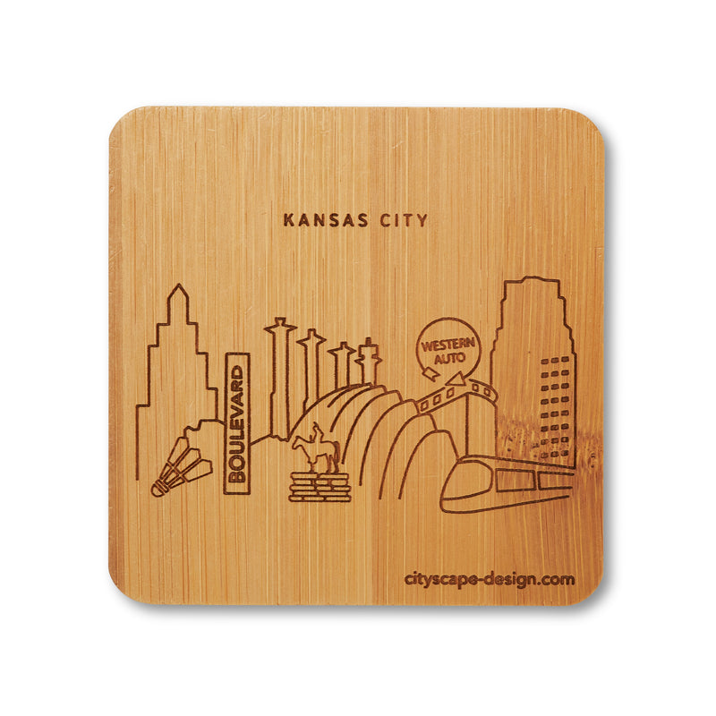 CityScape Designs Kansas City Skyline Wooden Coaster Set – Made in KC