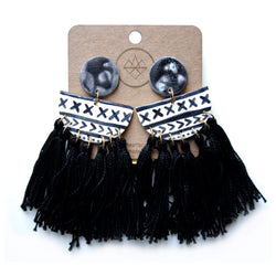 Crown & Heart Black and White Tassel Earrings