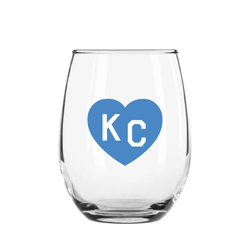 Made in KC x Charlie Hustle KC Heart Stemless Wine Glass: Light Blue