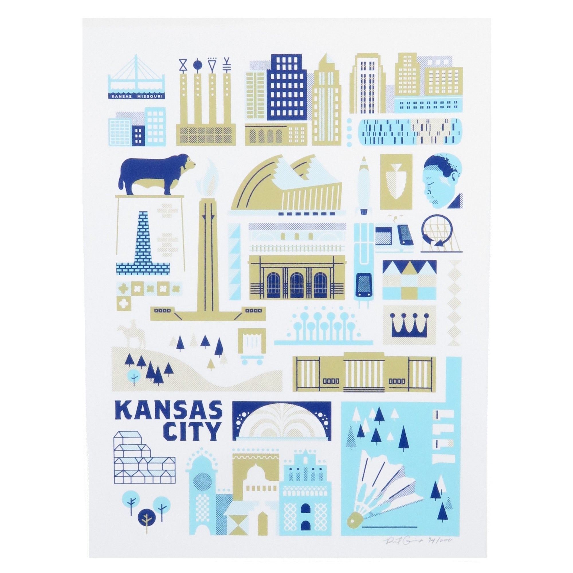 Patrick Giroux KC Landmark Screen Print - Blue/Gold – Made in KC