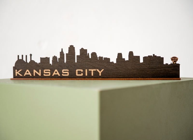 Sag es auf Holz Kansas City Skyline Ausschnitt Holzschnitt